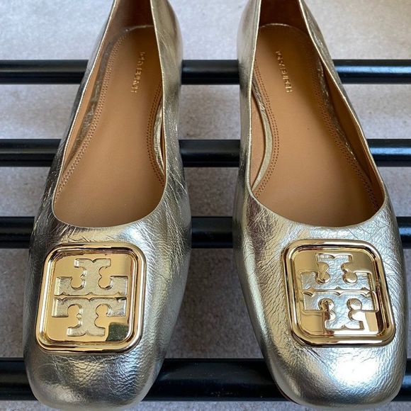 TORY BURCH Women Georgia Metallic Gold Logo Ballerina Flats - NEW NWOB